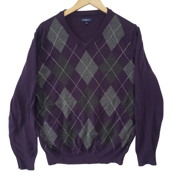 croft & barrow Other - Croft & Barrow Argyle V Neck Sweater Mens Large Purple Grey Cotton Blend Knit